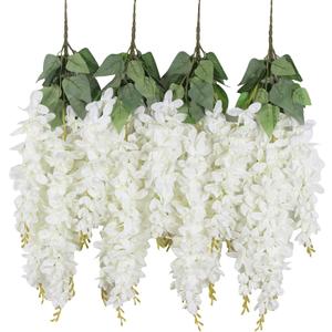 Duovlo Silk Wisteria Flower Artificial 2.13 Feet Hanging Wisteria Vine Fake Flower Bush String Home Party Wedding Decoration, Pack of 4, White