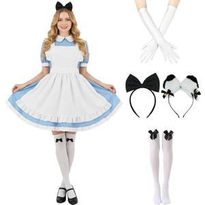 Tvnxdgl Alice Costume Women Wonderland Maid Outfit Anime Lolita Dress Halloween Cosplay Maid Apron Gloves Headband Socks Set, Size 2XL