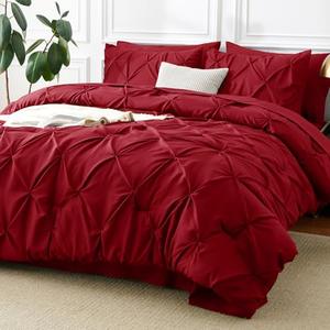 CozyLux King Size Comforter Set Dark Red, 7 Pieces Pintuck Bed in A Bag Red Comforter King Size, Pinch Pleat Bedding Set with All Season Comforter, Sheets, Pillowcases & Shams