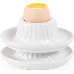 INGOFIN 2 Pcs Ceramic Egg Cups, Soft Boiled Egg Holders Set, Classic Porcelain Stackable, Easy to Clean Tray, Decorative Serving Dish for Breakfast, Easter or Kitchen, White