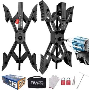 Camper X-Shaped Wheel Chock Stabilizer, 2 Sets RV Stabilizer Wheel Chock Scissor, X Chocks Wheel Stabilizer for Travel Trailer Allow Drill Adjust with Hex Socket, Tool Kit and Password Locks-Black