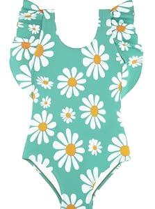 BliBliTaTa Girls One Piece Cute Swimsuit with Ruffled Straps, UPF 50+ Beach Bathing Suit for Toddler Girls, Swimwear Sunflower-6Y