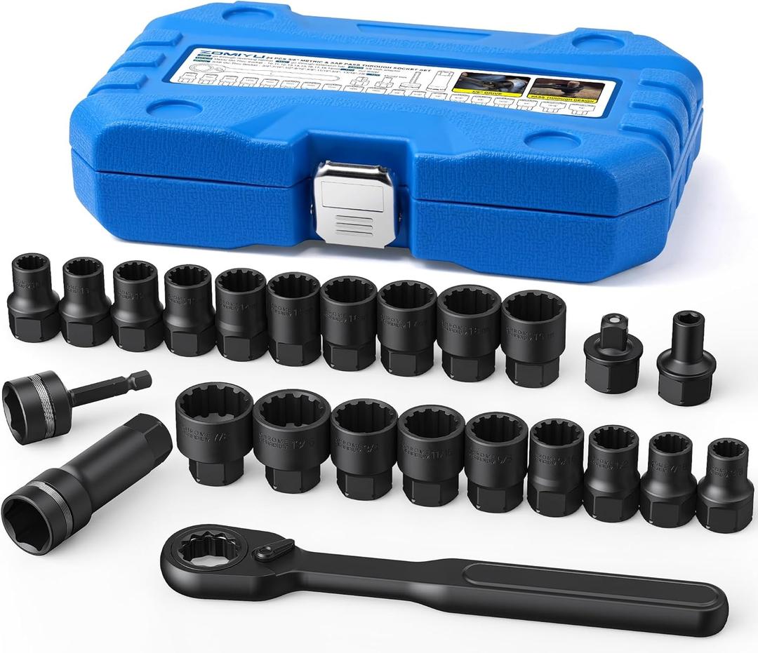 3/8-Inch Pass Through Socket Set, 24-Piece SAE & Metric 12-Point Go-Thru Sockets with 2-in-1 Ratchet (72-Tooth), Adapter, Extension Bar & Sturdy Case, CR-V Steel