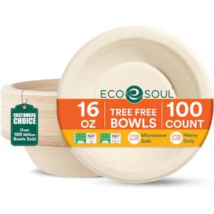 ECO SOUL 16 Oz Compostable Disposable Paper Bowls 100x10 [1000 Pack] Food Safe Leak-Free 100% Virgin Bagasse Biodegradable Heavy Duty Ramen Soup Bowl for Hot & Cold Food Microwave Safe [Small, Round, White]