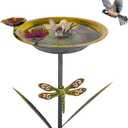 DREAMSOUL 39" Tall Bird Bath with Dragonfly Stake, Metal Birdbath with Flower Feeders, Freestanding Bird Bath for Outside Garden Yard Patio (Yellow)