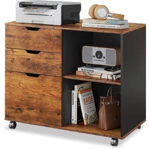 DEVAISE 3-Drawer Wood File Cabinet, Mobile Lateral Filing Cabinet, Printer Stand with Open Storage Shelves for Home Office, Rustic Brown, 15.7"D x 31.3"W x 24.7"H