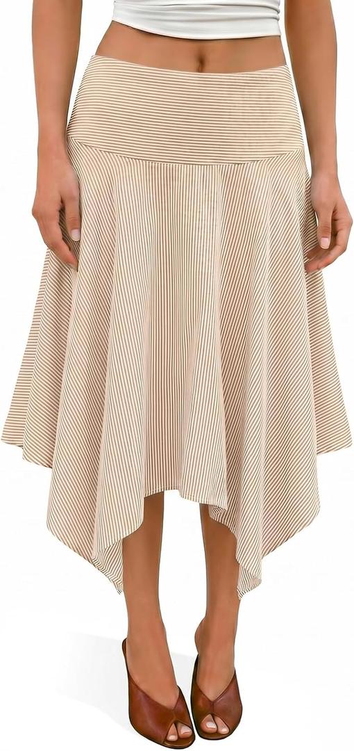 Tankaneo Womens Striped High Waisted Midi Skirt Summer Flowy Asymmetric Hem Casual A Line Skirts