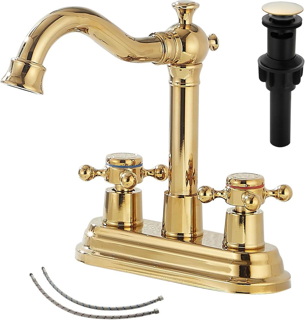 GGStudy Polished Gold Bathroom Faucet - 2 Handles, 4 Inches Centerset, RV Vanity With Drain Assembly and Supply Hose - Lavatory Mixer Double Handle Tap