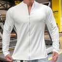 Men's Quick Dry Full Zip Workout Shirt, Cycling Sunscreen Sportswear, Sweatshirt Long Sleeve for Running & Training White, Large
