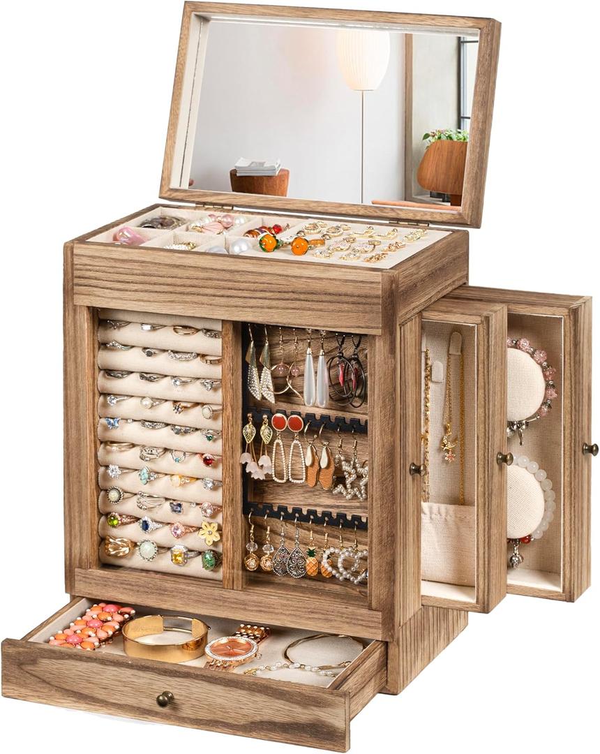 Honiway Jewelry Box for Women, 5 Layer Rustic Wooden Jewelry Organizer with Glass Window, 4 Drawers, Mirror, Large Jewelry Storage Display for Earrings Rings Necklaces Bracelets (Rustic Brown)