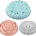 Sakolla 3 Pack Flower Shape Silicone Cake Molds, Large Round Silicone Molds for Baking Cake, Breads, Pies, Tarts, Jello (Rose, Chrysanthemum, Sunflower)