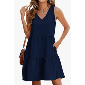 QACOHU Women's Summer Sleeveless V Neck Mini Dress with Pockets Casual Sundress Beach Dresses for Women 2026, Navy Blue, Size XL