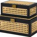 2PCS Rattan Storage Boxes Decorative Handmade Natural Wood Baskets with Lid Wooden Frame Boho Rustic Wicker Box Woven Cane Bins Shelf Closet Organizer Container (Black, 1 Large 1 Small)