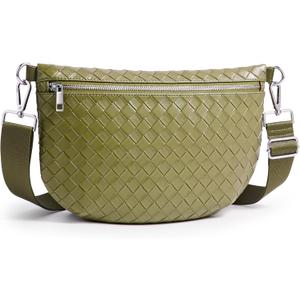 KALIDI Woven Crossbody Bags for Women Travel Vegan Leather Fanny Packs for Woman Men Cross Body Purse Fashion Belt Bum Bag (Grass Green)