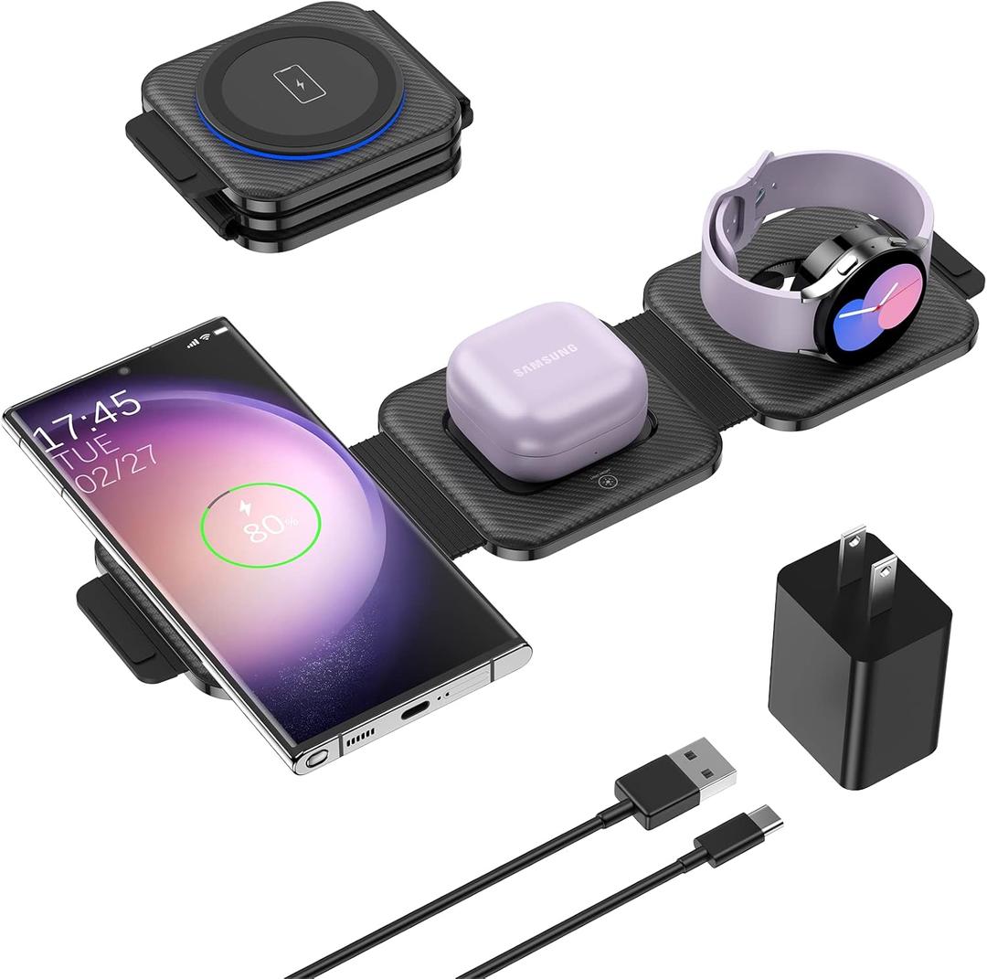 Travel Charger for Samsung Multi Devices, Foldable 3 in 1 Wireless Charging Station Fast Charging Stand/Pad Compatible for Samsung Galaxy S25/S24/S23/S22/S21/Note20 Galaxy Watch7/6/5/4/3 Galaxy Buds3 (Black)