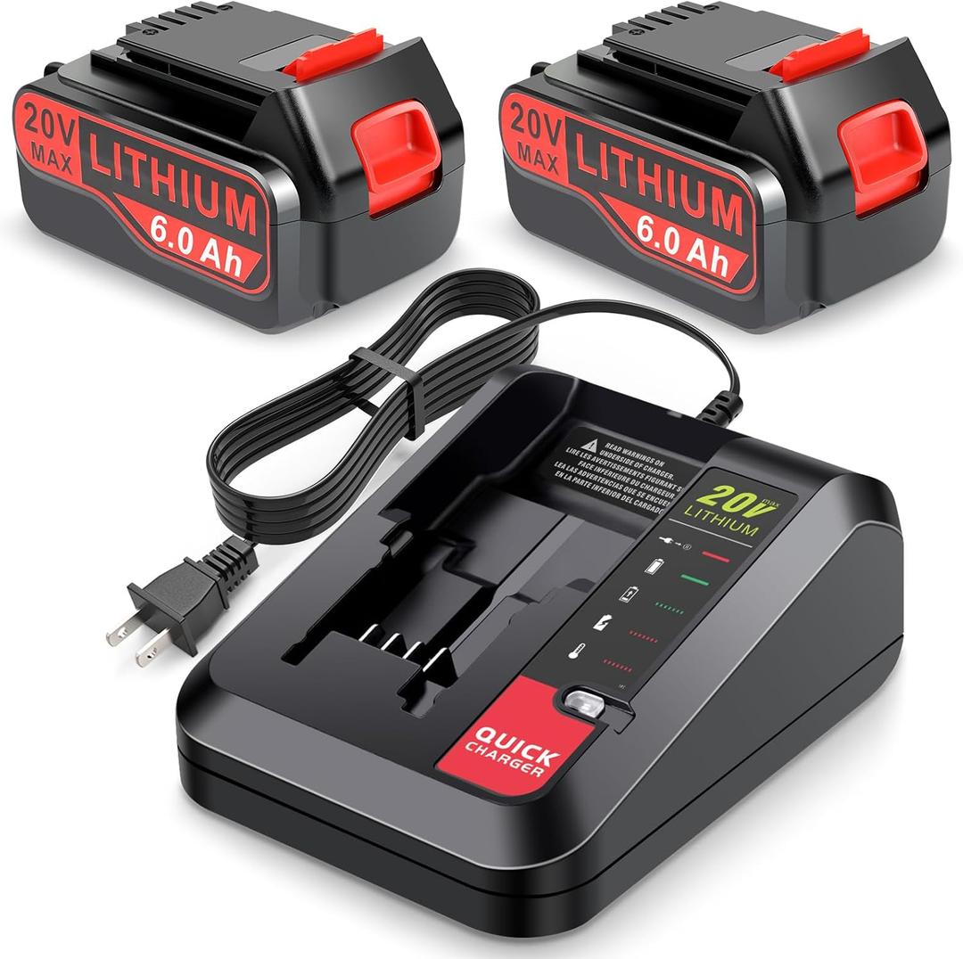 20v Lithium Battery Replacement for Black and Decker 6.0Ah Battery 2Pack with 1 Charger Combo Compatible with LBXR20 LBXR20B LBXR20-OPE LBXR2020 LBXR20 LB20 LBX20 LB2X4020 Cordless Power Tool