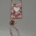 for iPhone 17 Pro Max Glitter Bling Case,Cute 3D Sparkle Heart Makeup Mirror Crystal Rhinestones Flowers Diamond Gems with Lanyard Wrist Strap Women Girls Case for iPhone 17 Pro Max 6.9",Pink