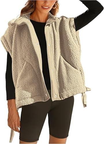 OPCAKM Women's Fuzzy Fleece Vest Oversized Sleeveless Sherpa Jacket Warm Button Down Gilet Outerwear with Pockets Size L