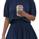 Womens 2 Piece Outfits 2026 Short Sleeve Crewneck Knit Tops And Pleated Mini Skirt Two Piece Sets (Small, Dark Blue)
