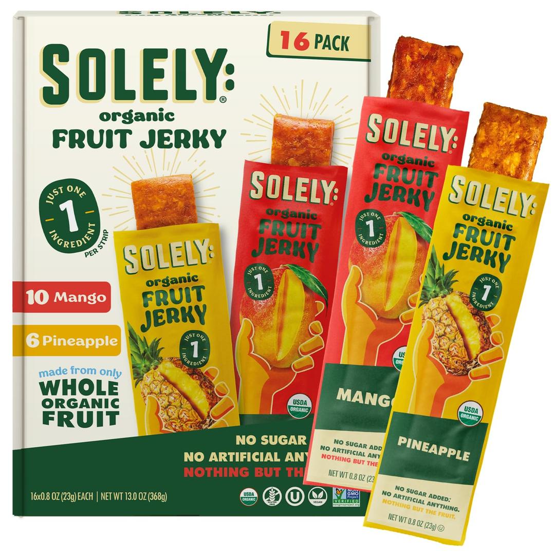 SOLELY - Organic Mango & Organic Pineapple Fruit Jerky (10 Mango, 6 Pineapple) - Real Fresh Fruit Strips - Healthy Snacks for Adults & Kids - Non GMO, Vegan Snacks, Shelf Stable - 16 Strips (0.8 oz), BB 10/22/2026