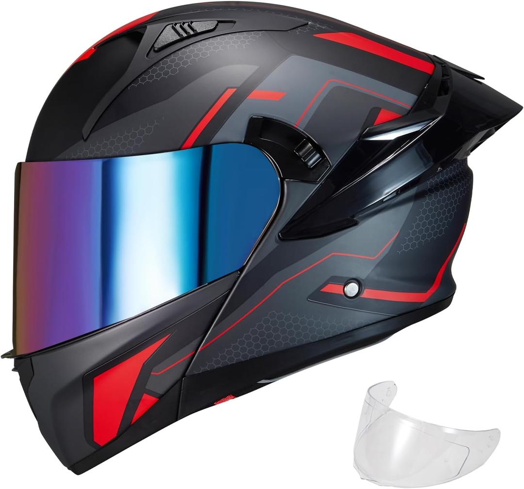Modular Motorcycle Helmet Dual Visor Flip Up Full Face Helmets SJ-809 DOT Approved for Adults Men Women (Red Mech Man, L)
