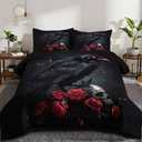 CCoutueChen Black Crow Red Rose Skull Comforter Set King Size Halloween Gothic Roses Skeleton Bedding Set Holiday Decoration Bedding Black Floral Bird Down Comforters Soft Microfiber Comforter Sets (King(104" x 90"))