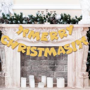 Merry Christmas Banner Golden Metal Christmas Garland Sign with Bows Xmas Retro Style Party Decorations Photo Prop Holiday Decor for Home Office Fireplace Mantle Farmhouse Hanging Wall