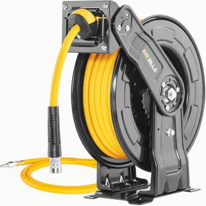 AIRZILLA Premium Steel Retractable Air Hose Reel With Dual Arm, 3/8"x50Ft Hybrid Polymer Hose, Heavy Duty Air Hose Reel included Auto Rewind Reel | Quick Air Coupler | Durable Double side Frame.