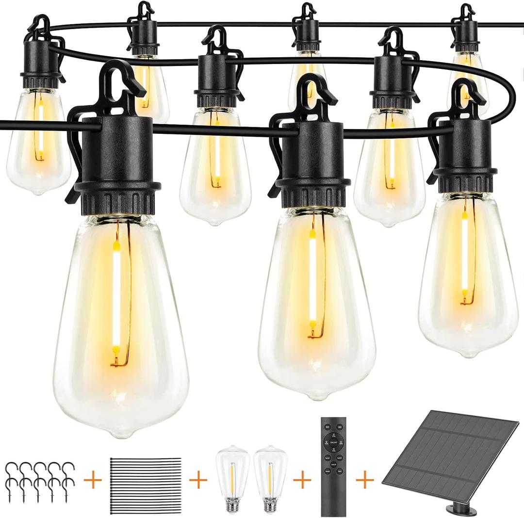100FT Solar String Lights ourdoor Waterproof,Patio Lights Solar Powered with Remote,ST38 32 Vintage Edison Bulbs,Solar lights Outdoor Waterproof, Outside powered Hanging Lights for patio furniture set