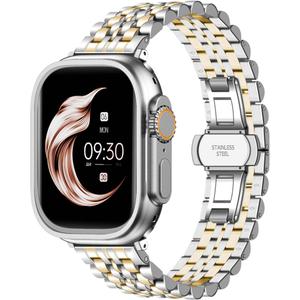 7-Beads Stainless Steel Watch Band For Men Women Compatible With Apple Watch 38mm/40mm/41mm/42mm/44mm/45mm/46mm//49mm Metal Watch Bands for iWatch Series 10/9/8/7/6/5/4/3/2/1 Ultra/SE (Gold- Silver)