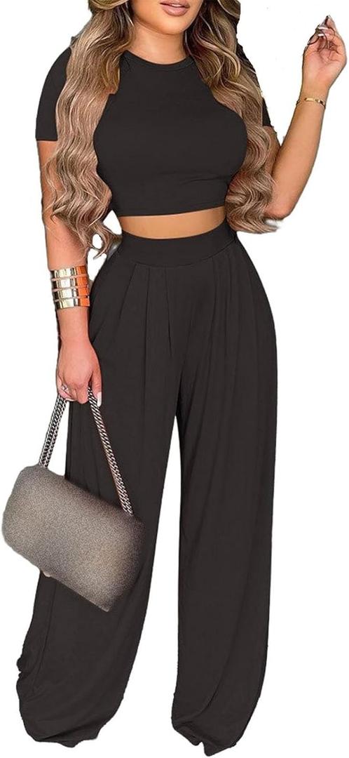 Mandonce 2 Piece Outfits for Women Crew Neck Short Sleeve Crop Tops Printed Wide Leg Long Pants Summer Matching Sets (X-Large, Black)
