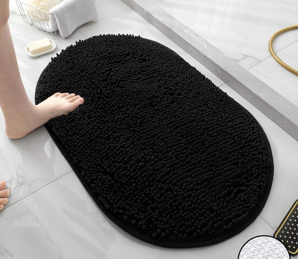 Oval Chenille Bathroom Rug, Ultra Soft Microfiber Shaggy Bath Mat, Machine Washable Thick Fluffy Carpet Rug, Non-Slip Water Absorbent Shower Mat for Bathroom, Shower (Black,16''24'')