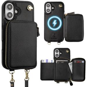 Bocasal for MagSafe Crossbody Wallet Case Compatible with iPhone 16, RFID Blocking Protective Purse Case with Card Slots Holder Kickstand Wrist Strap Lanyard Zipper 6.1 Inch 5G (Black)