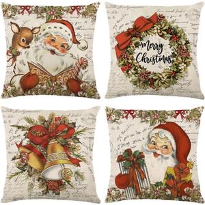 ONFAON Christmas Decorations - Christmas Pillow Covers 18x18 Set of 4,Christmas Mat Home Decorative Merry Christmas Square Pillowcase for Home Sofa