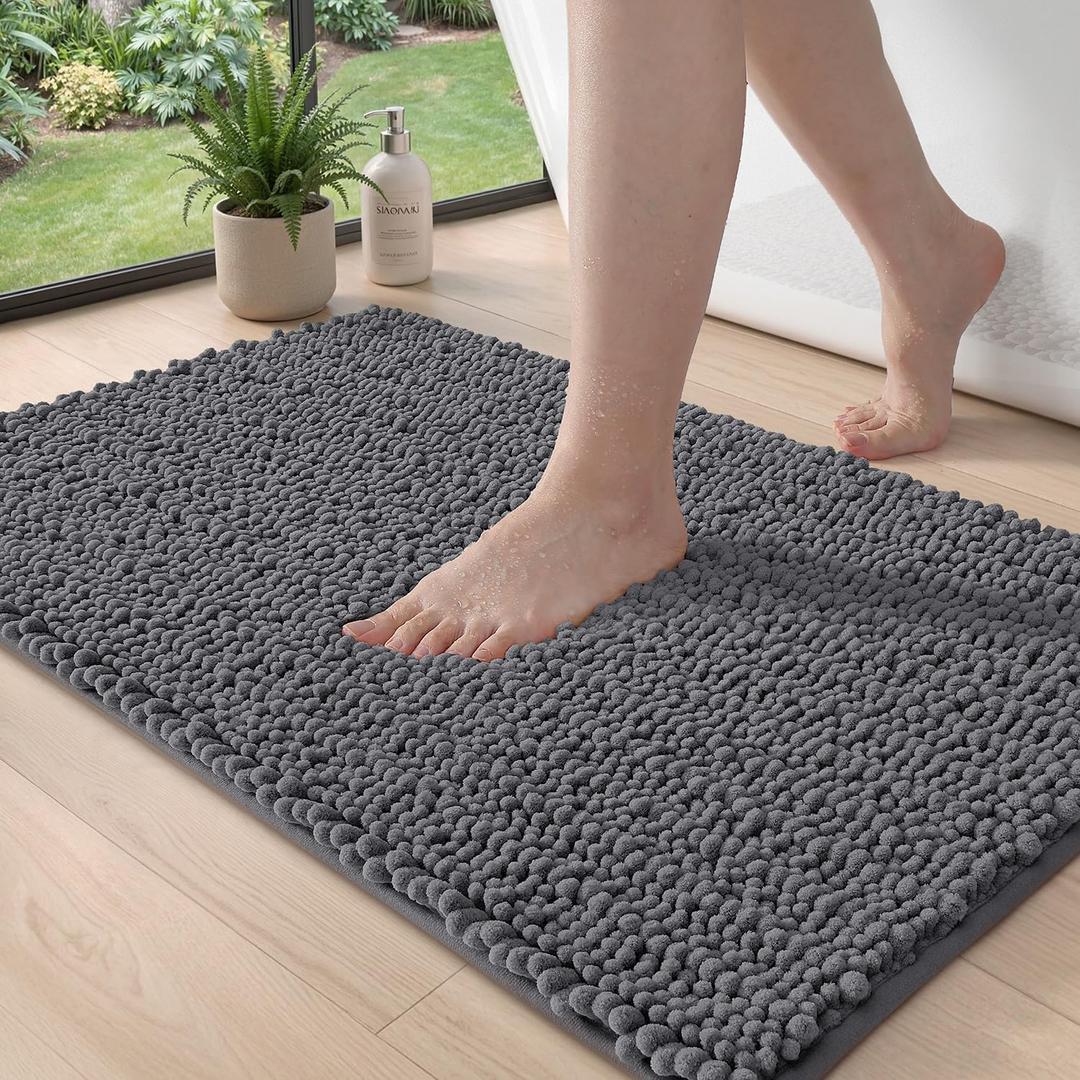 DEXI Bathroom Rugs 24x16, Super Soft Thick Chenille Absorbent Bath Mat, Non Slip Machine Washable Fluffy Shag Bathmat for Sink, Tub, Shower Floor, Grey