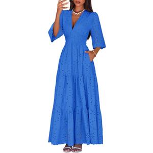 Lazysmile Long Sleeve Dresses For Women V Neck Hollow Out Eyelet Ruffle Swing A-Line Fall Vacation Boho Maxi Dress, Size L