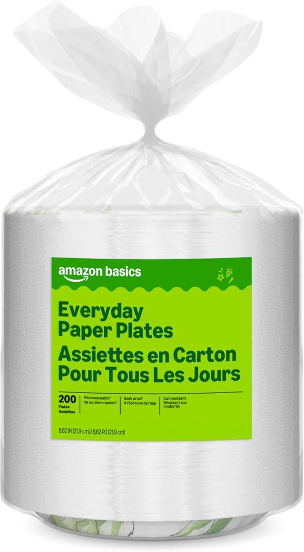 Amazon Basics Everyday Paper Plates, 8.62 Inch, Disposable, 200 Count