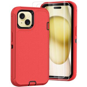 Tall silver for iPhone 15 Case with [2 Screen Protector ], Military Grade Shockproof Heavy Duty Drop Protection Rugged Case 6.1"(red Black)