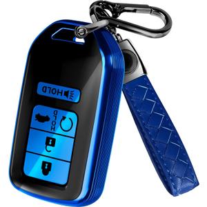 Lucrum Compatible with Honda Key Fob Cover & Leather Keychain - TPU Keyfob Case for Accord Civic CR-V HR-V Pilot Ridgeline Crosstour Fit, For 5 Button Remote (2015-2021) - Blue and Black