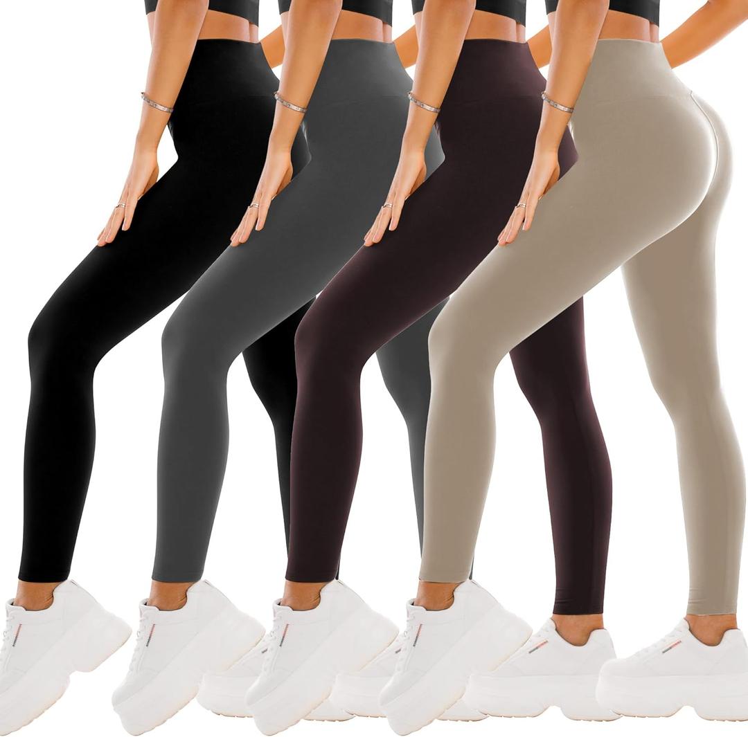 SINOPHANT 4 Pack Leggings for Women - Full Length Capri Buttery Soft High Waisted Yoga Pants for Athletic Workout Sports Black/ Khaki/ Brown/ Grey XXL