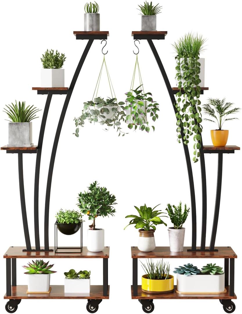 5-Tiered Tall Plant Stand Indoor, Cone-shaped Metal Plant Stand with Wheels and Hanging Hooks, Farmhouse Wood Plant Shelf Indoor for Living Room, Balcony, Garden, Rustic Brown (2 Pack)