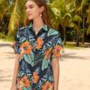 Women Hawaiian Shirt Floral Tropic Print Tee Hawaii Button Down Tshirt Beach T Shirt Summer Short Sleeve Tops (Green, M)