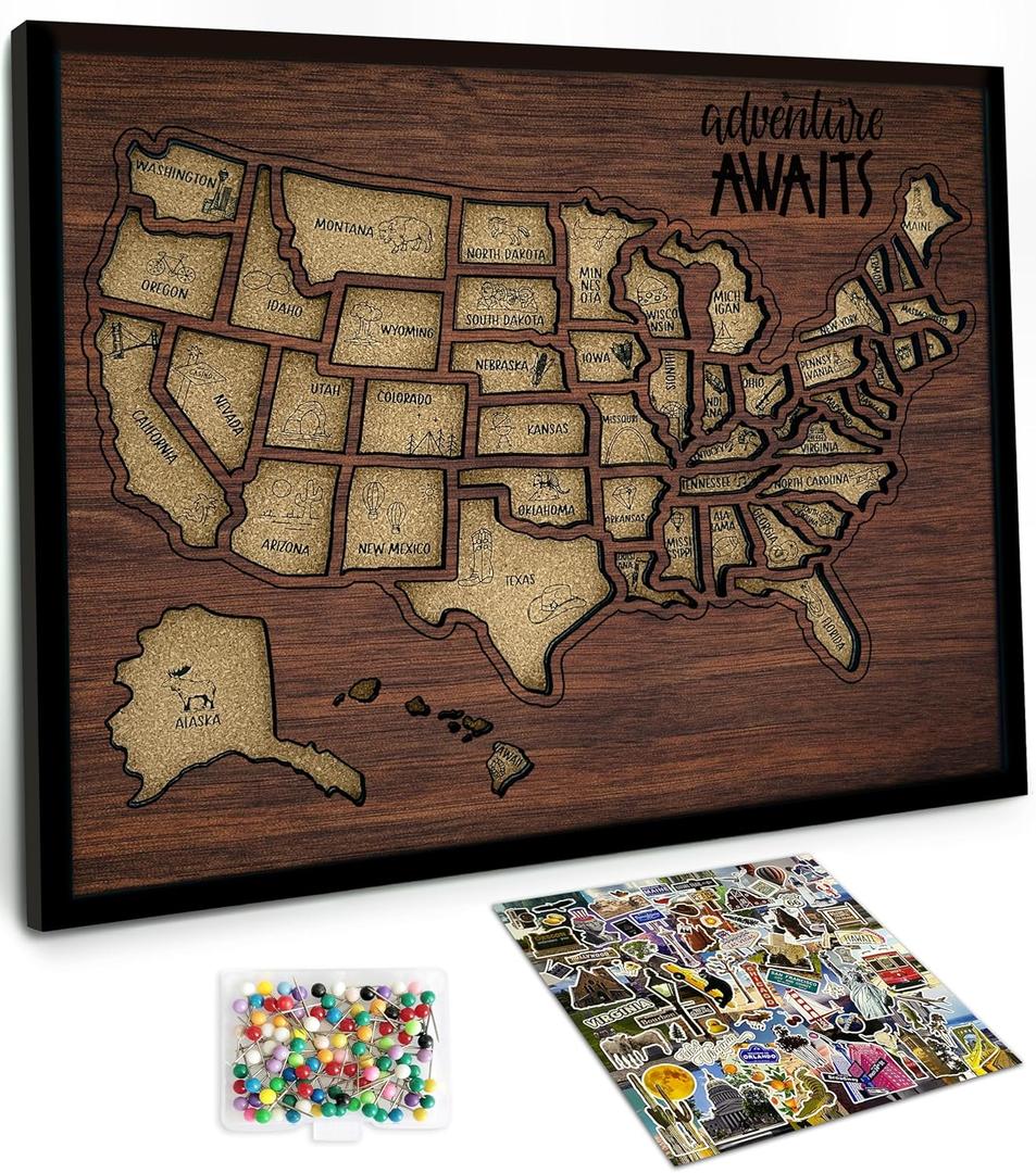 flinelife USA Landmarks Cork Travel Map With Pins, 12x10, Medium Size, Map of United States, Perfect For Couples and Families Gift (Brown)