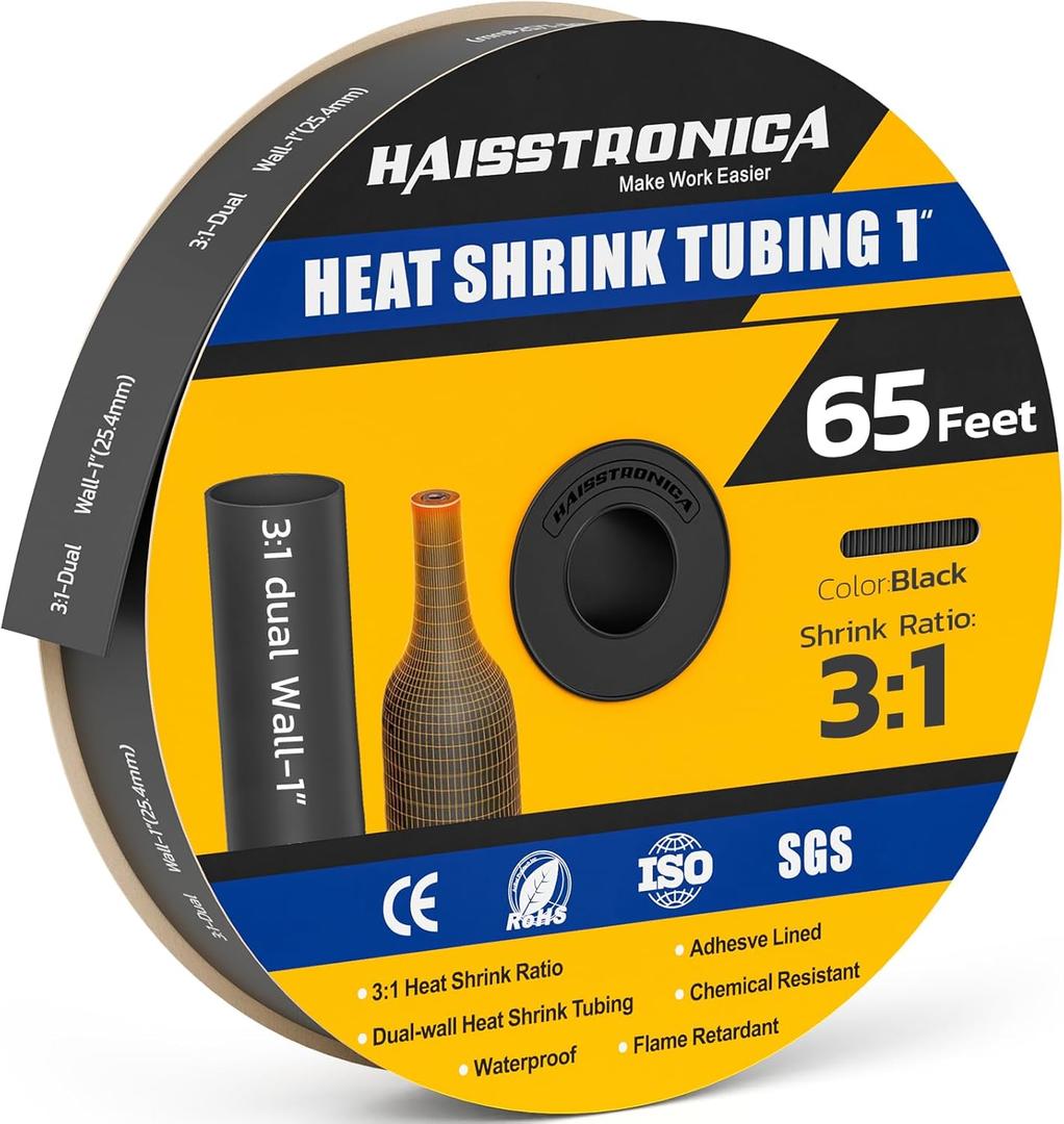 haisstronica 3:1 Heat Shrink Tubing, Shrink Ratio Adhesive Lined Marine Grade Heat Shrink Tube for Home, Automotive and Industrial (Black) 65FT 1inch