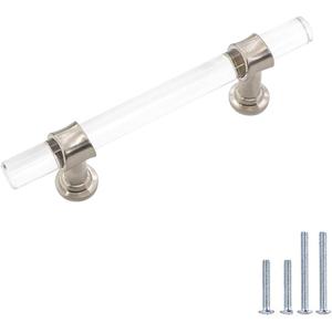 Peaha 10 Pack 3 Inch Acrylic Cabinet Pulls Brushed Nickel Drawer Handles Silver Zinc Alloy Hardware for Dresser Cupboard Kitchen (3in(76mm) Hole Center)