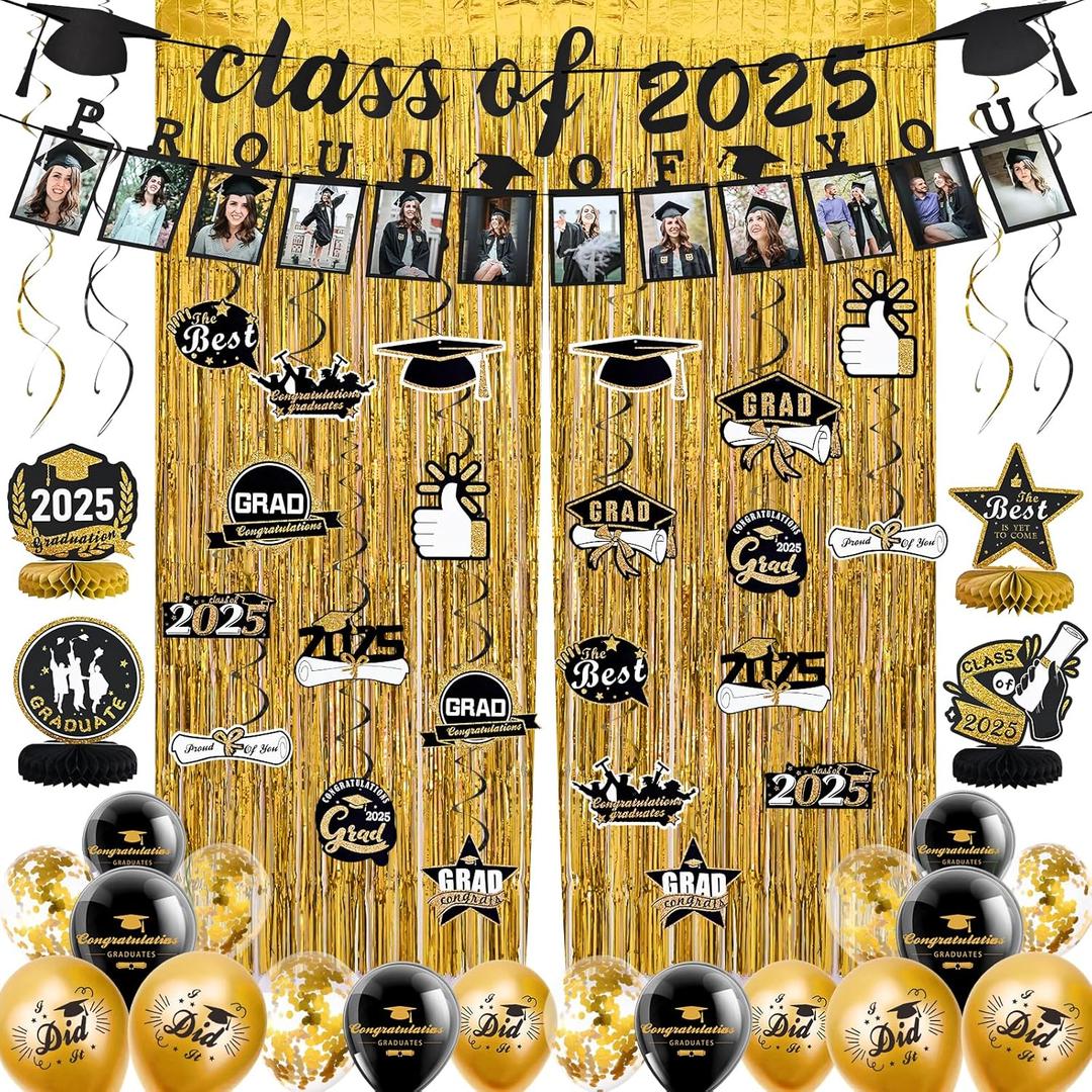 FRAMICS Graduation Decorations 2025, Graduation Banner Class of 2025, Graduations Photo Banner, Tinsel Backdrop Curtains, Ballons & Streamers Kit, Graduations Party Decorations, 82 Pieces, Gold