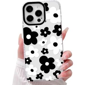NITITOP Compatible with iPhone 15 Pro Max Case Cute Clear for Women Girls Black Flower Floral Pattern Ultra Slim with Bumper Protector Soft TPU Anti-Yellow Protective Phone Cover - Black