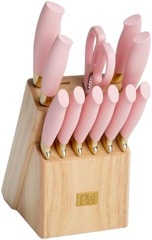 Paris Hilton 12-Piece Knife Set with Block, High-Carbon Stainless Steel Cutlery, Precision Blades and Ergonomic Handles Kitchen Knife Set, Pink