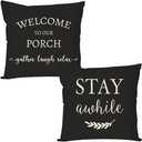 PANDICORN Welcome to Our Porch Stay Awhile Farmhouse Throw Pillow Covers 18x18 Set of 2 Black and White Outdoor Porch Pillows Decorations Decorative Cushion Case for Home Couch Patio Decor