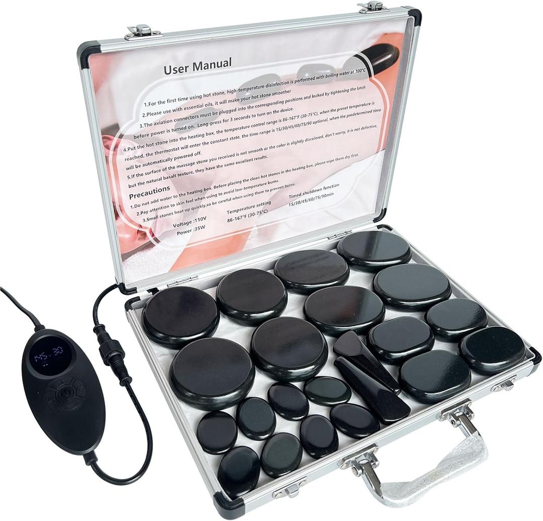 Hot Stone Massage, Massage kit with Temperature Regulation, 22 Basalt hot Stone heaters, Basalt Massage Stone Home spa Thermal Therapy Relaxation